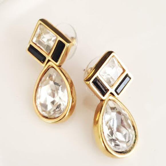 Swarovski Crystal Teardrop Earrings Gold‎ Plated Black Accents Bling Swan Signed - Picture 2 of 6
